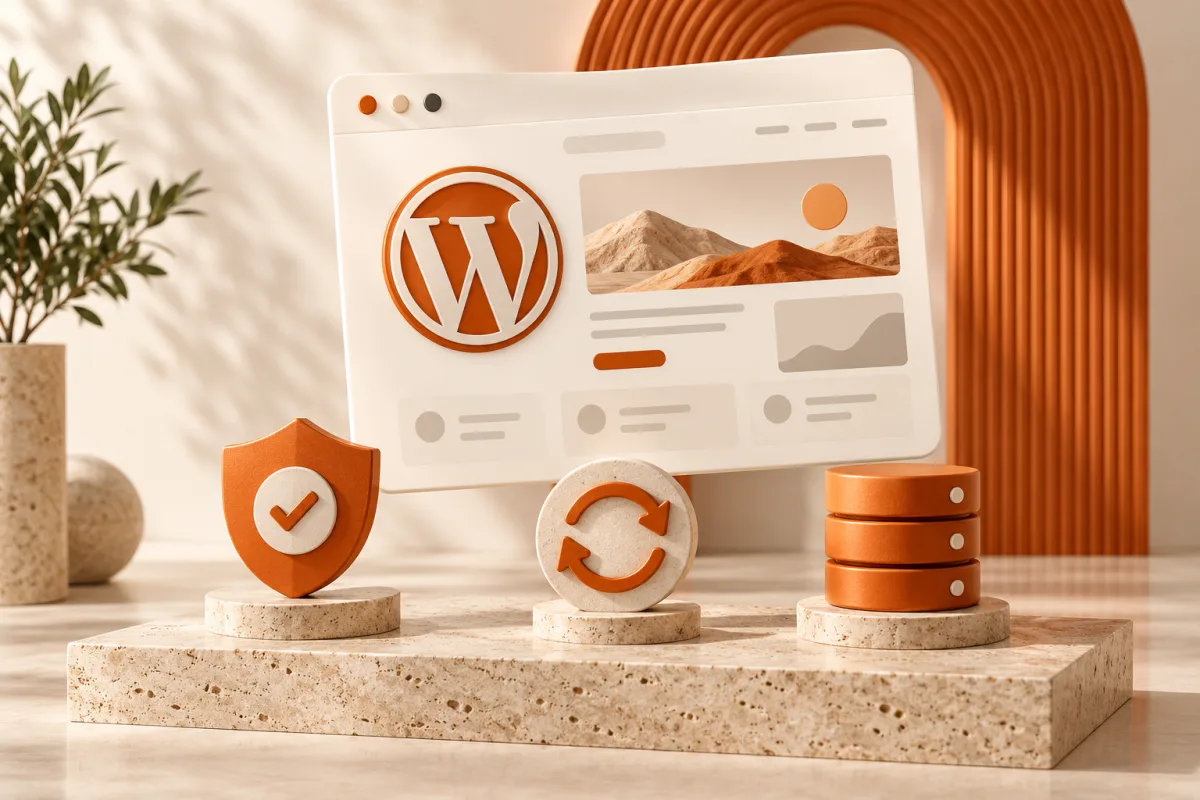 WordPress website with symbols for security, updates and backups